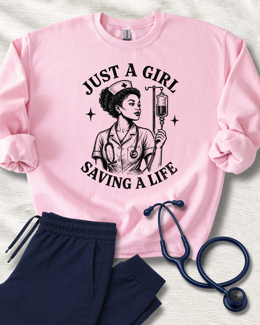 Just a Girl Saving a Life | Vintage Nurse Linocut Graphic Sweatshirt - pick your nurse