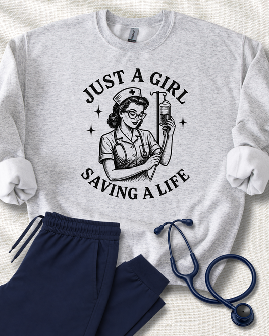 Just a Girl Saving a Life | Vintage Nurse Linocut Graphic Sweatshirt - pick your nurse